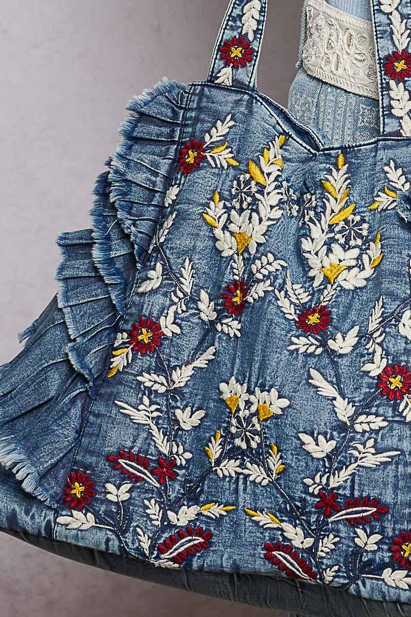 Vintage Wash Embroidered Ruffle Denim Tote