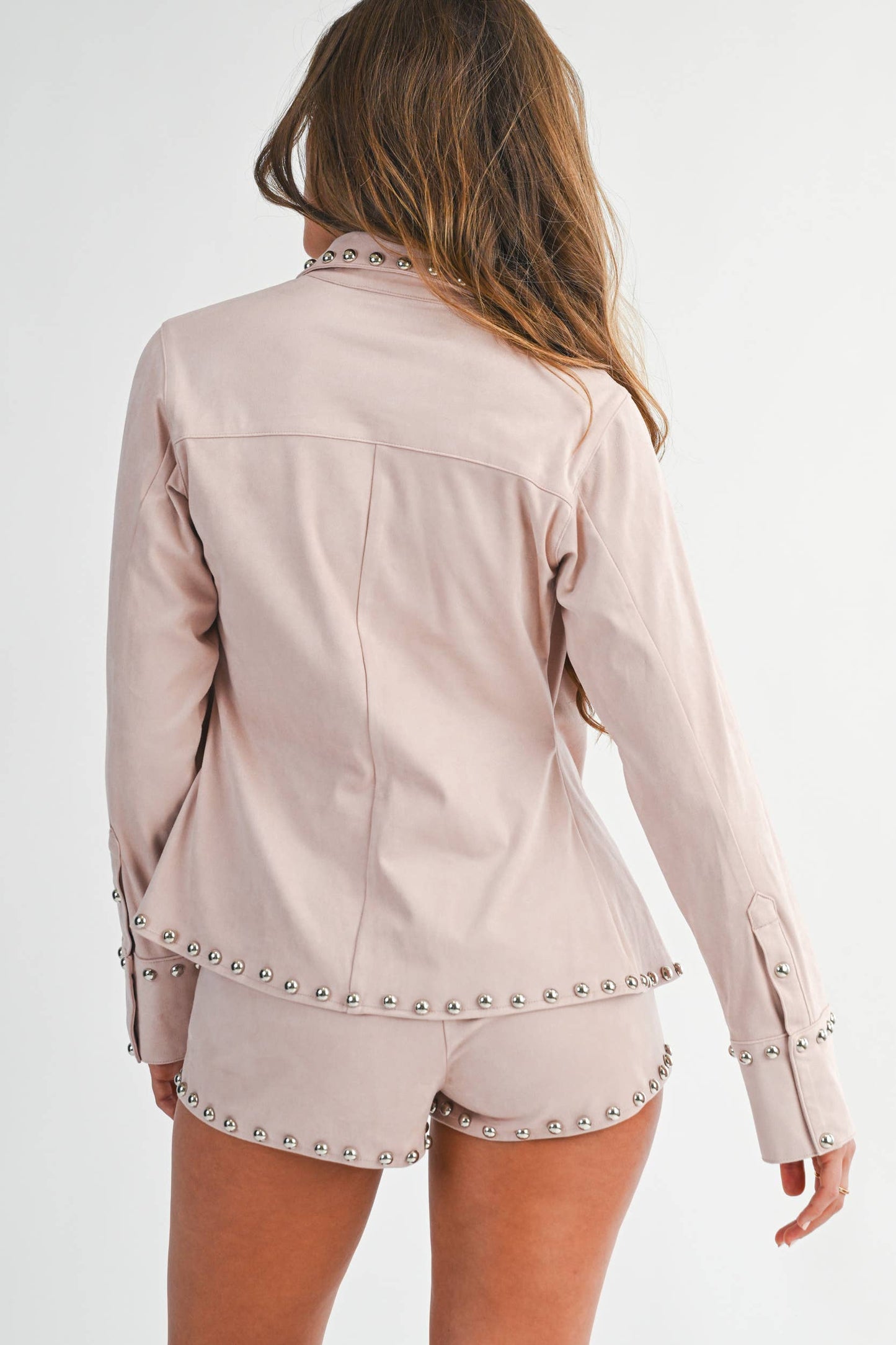 Suede Studded Button-Up Top in Blush Biege