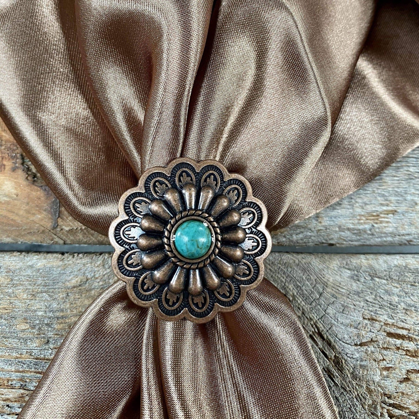 Copper Floral Concho Wild Rag Slide with Green Howlite Stone