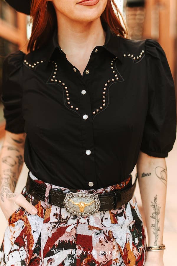 Studded Yoke Pearl Snap Western Blouse – Black