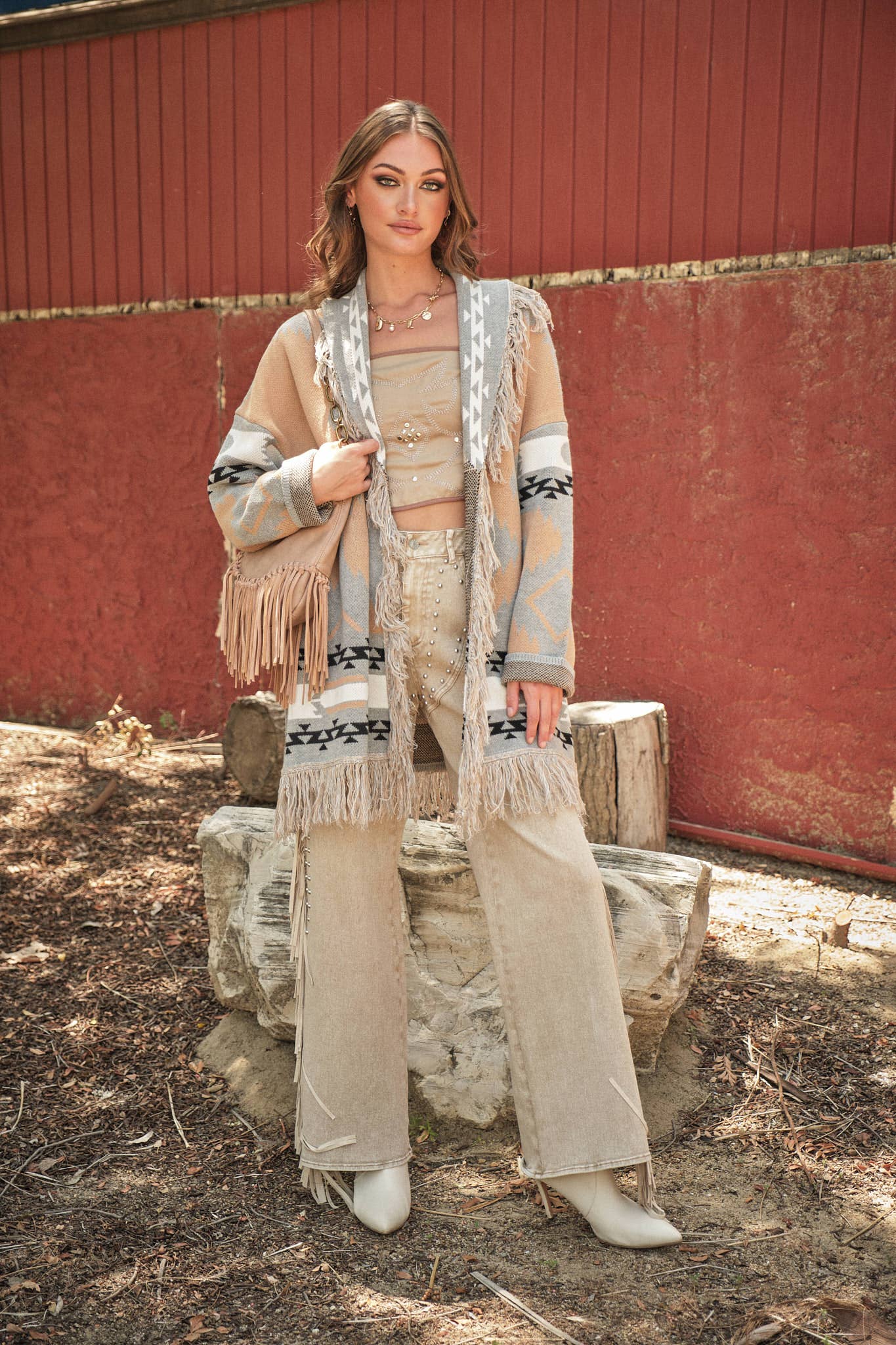 Frontier Fringe Belted Western Knit Cardigan