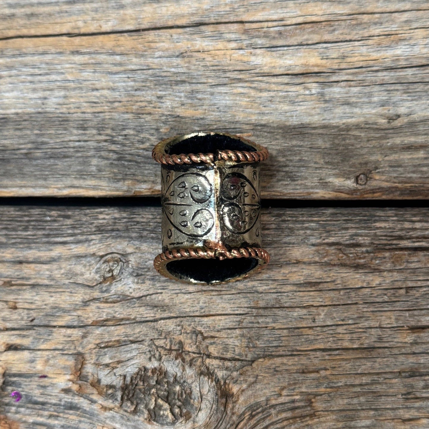 German Silver Floral Concho Wild Rag Slide with Turquoise Stone & Copper Rope Edge