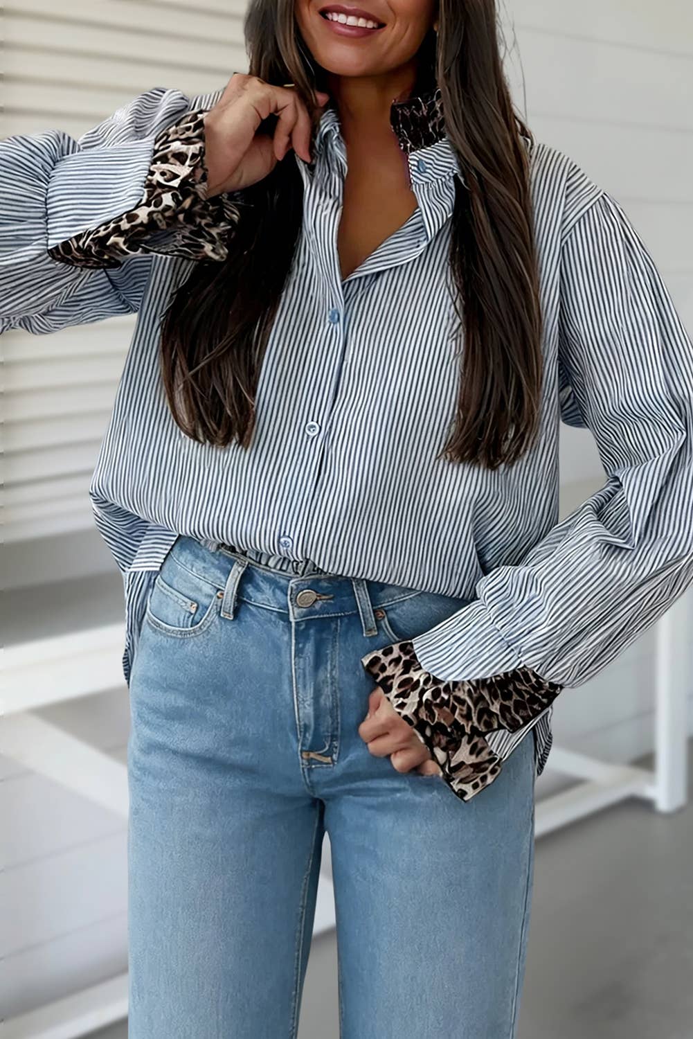 Stripe Leopard Patchwork Button Down Shirt
