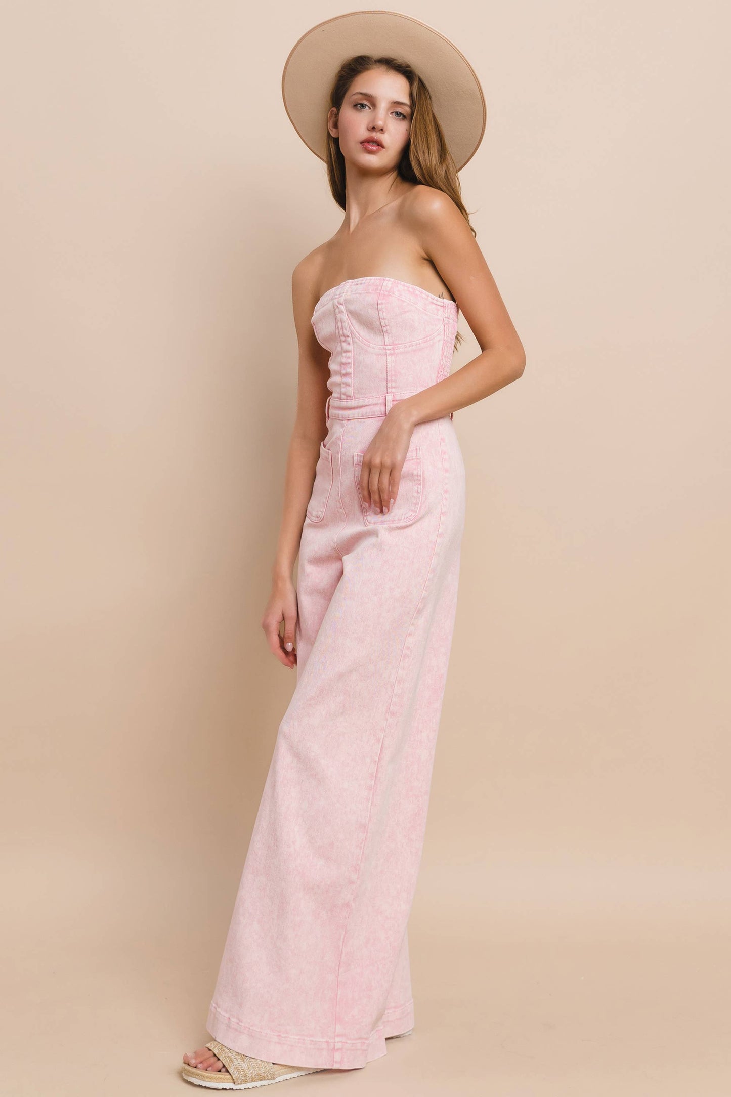 Blush Breeze Strapless Boho Denim Jumpsuit