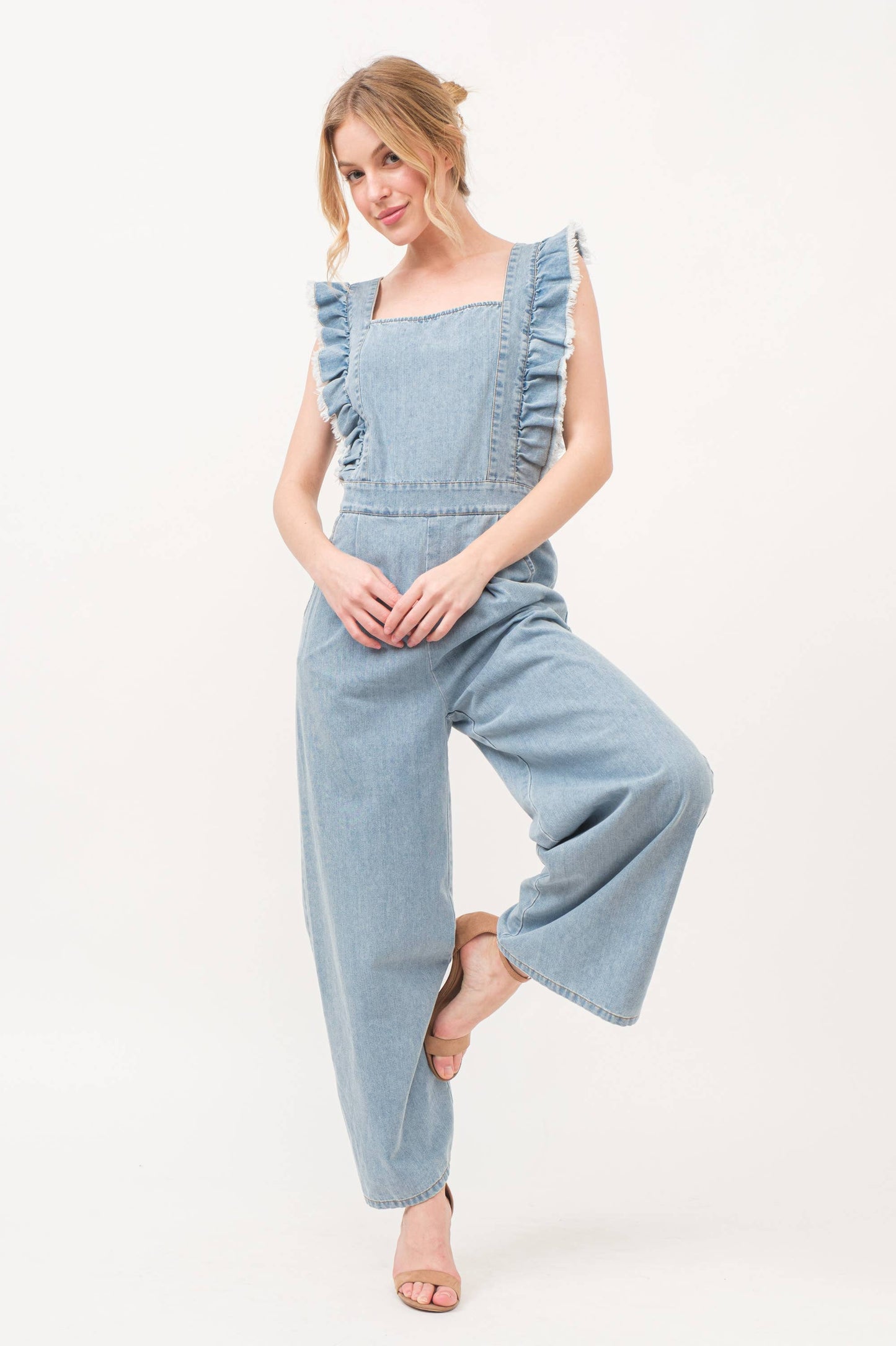 Frayed Ruffle Denim Jumpsuit