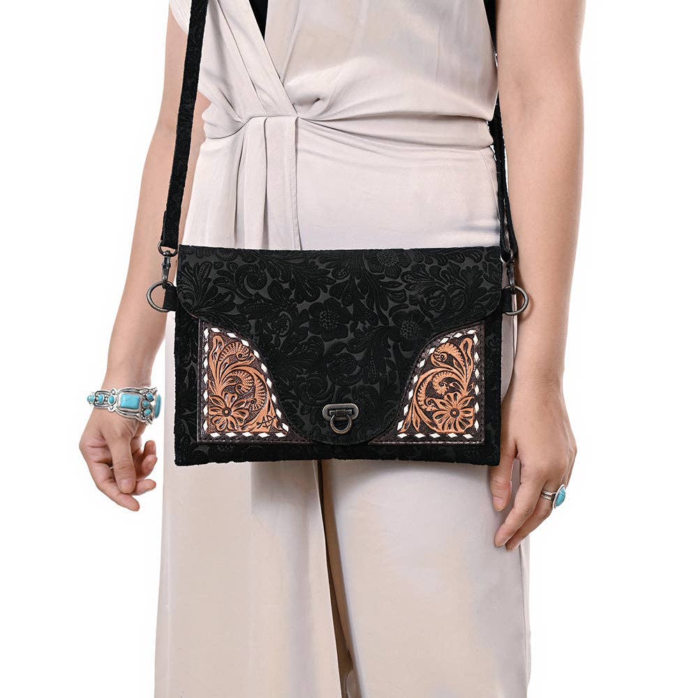 Mini Black Tooled Leather Crossbody