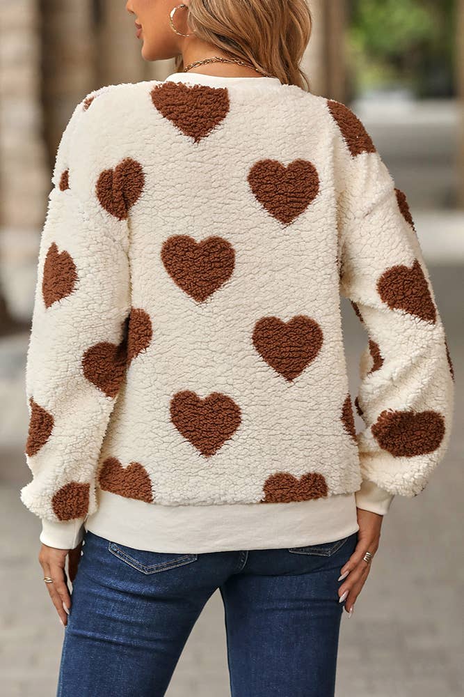 Heart Print Sherpa Pullover Sweater