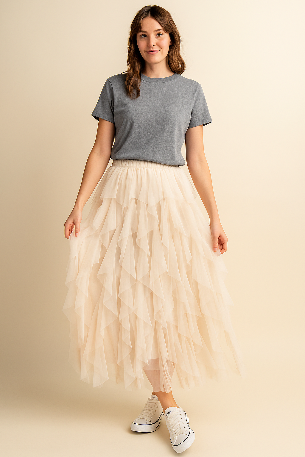 Cream Cascading Tulle Mesh Layered Maxi Skirt