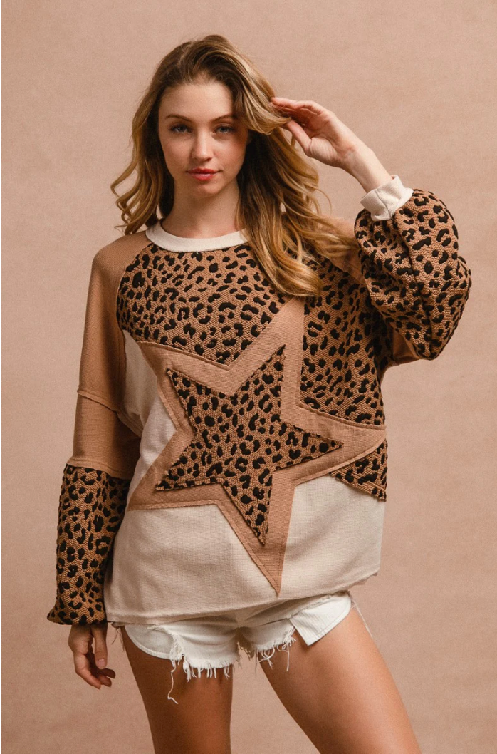 Star Patched Thermal Knit with Leapord Print in Camel