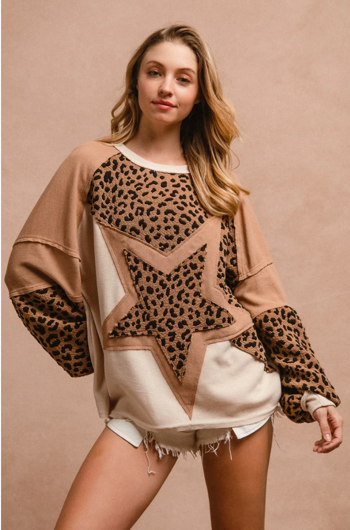 Star Patched Thermal Knit with Leapord Print in Camel