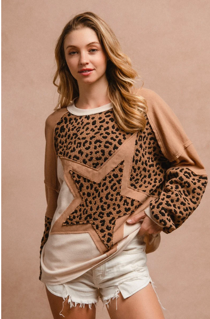 Star Patched Thermal Knit with Leapord Print in Camel