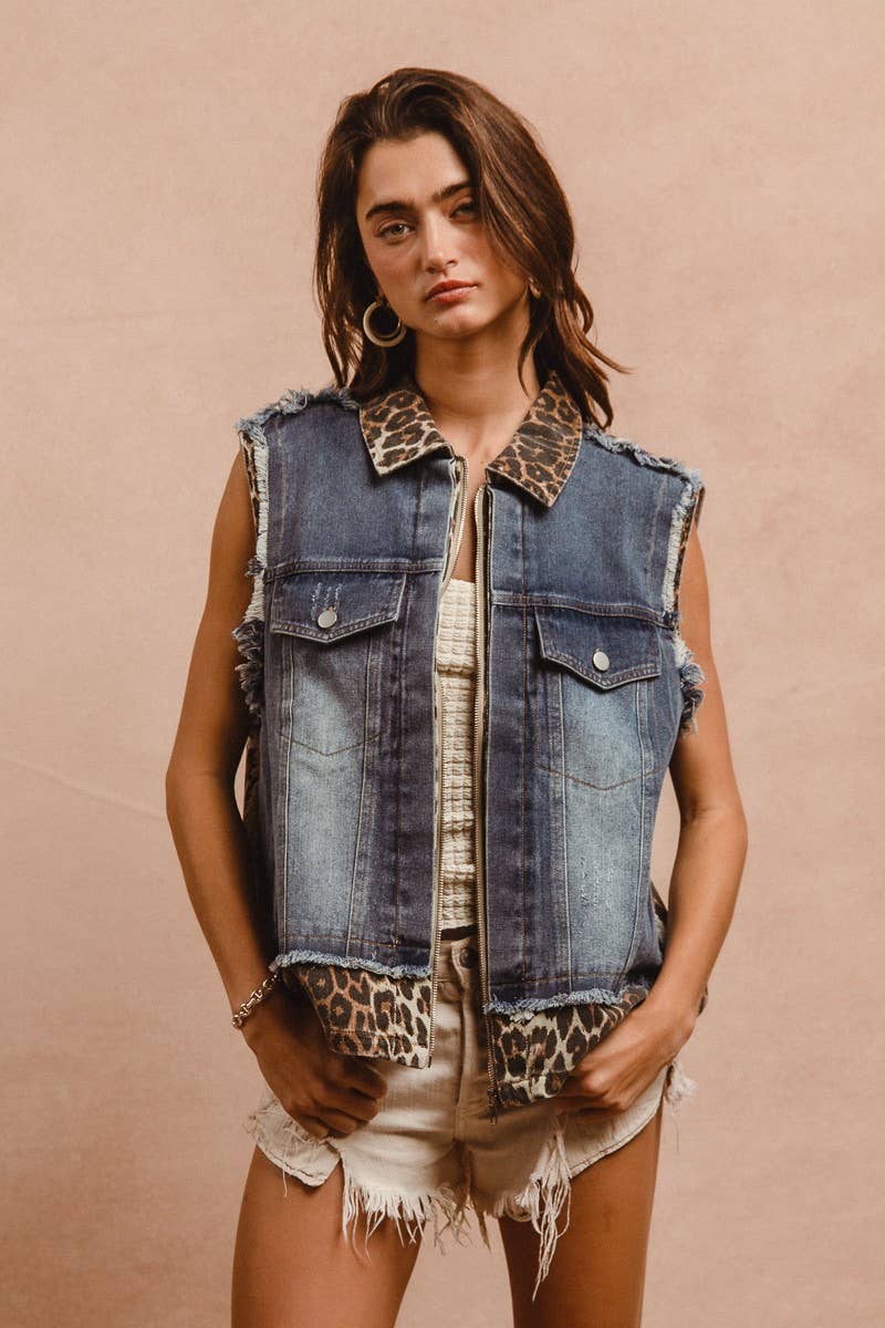 Leopard Mix & Match Washed Sleeveless Denim Vest