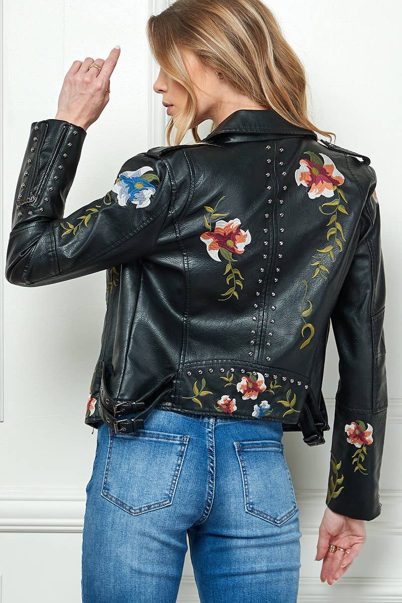 Wildflower Embroidered Vegan Leather Jacket