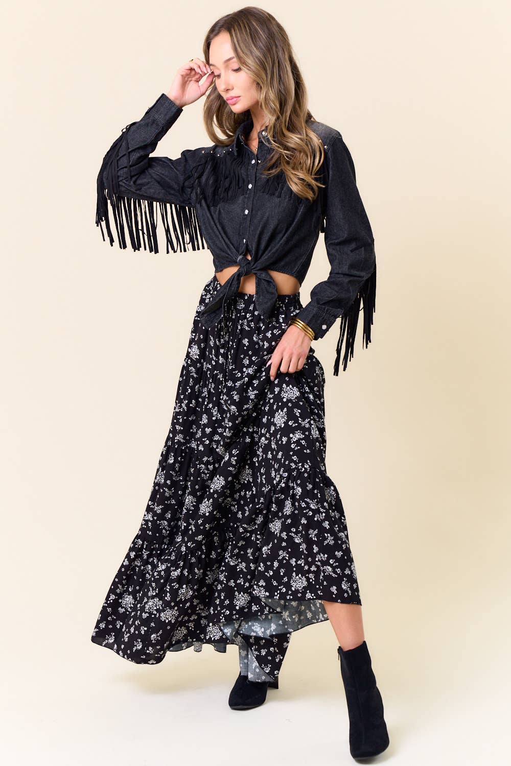 Midnight Outlaw Studded Fringe Denim Tie-Front Shirt