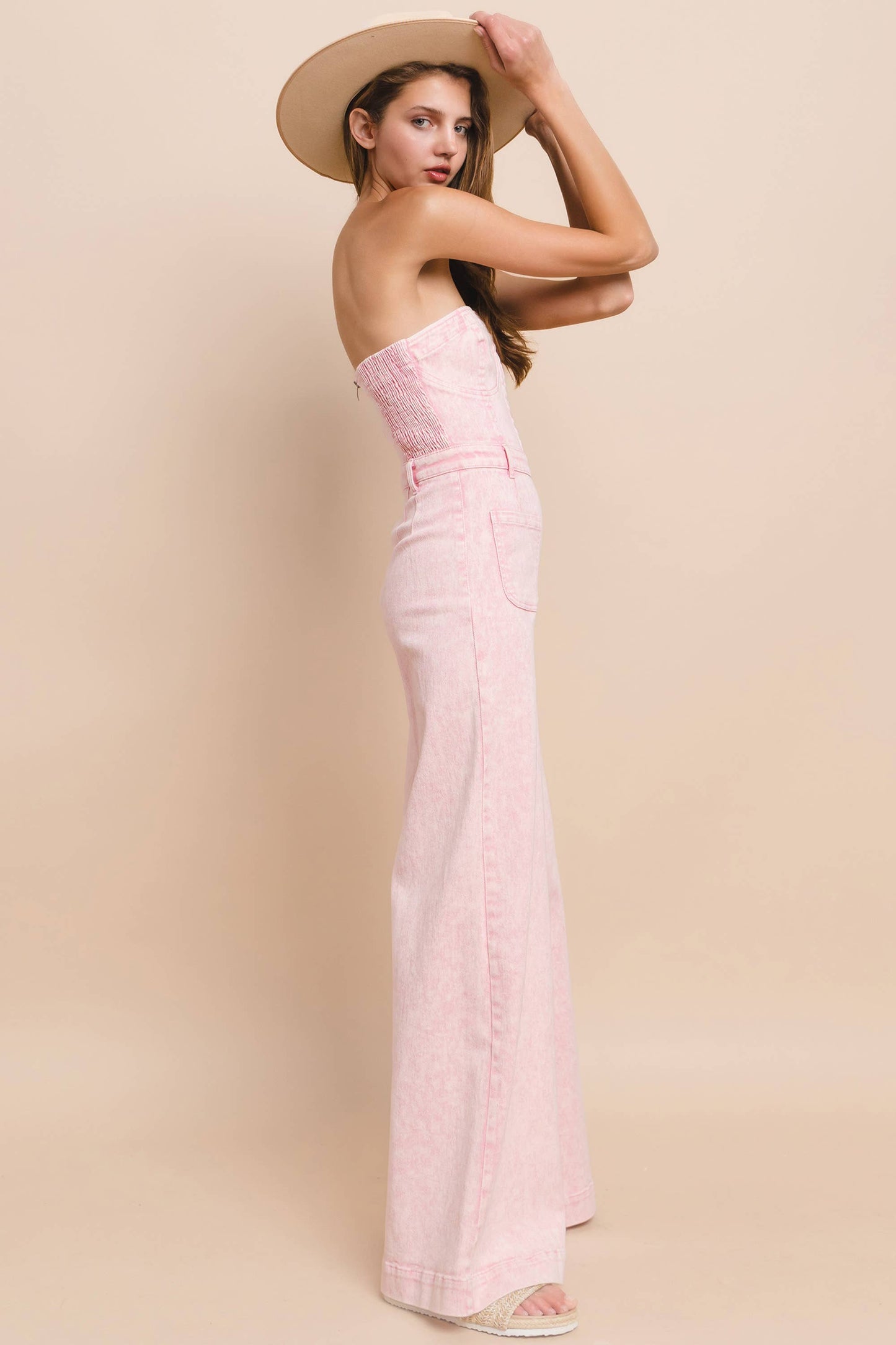 Blush Breeze Strapless Boho Denim Jumpsuit