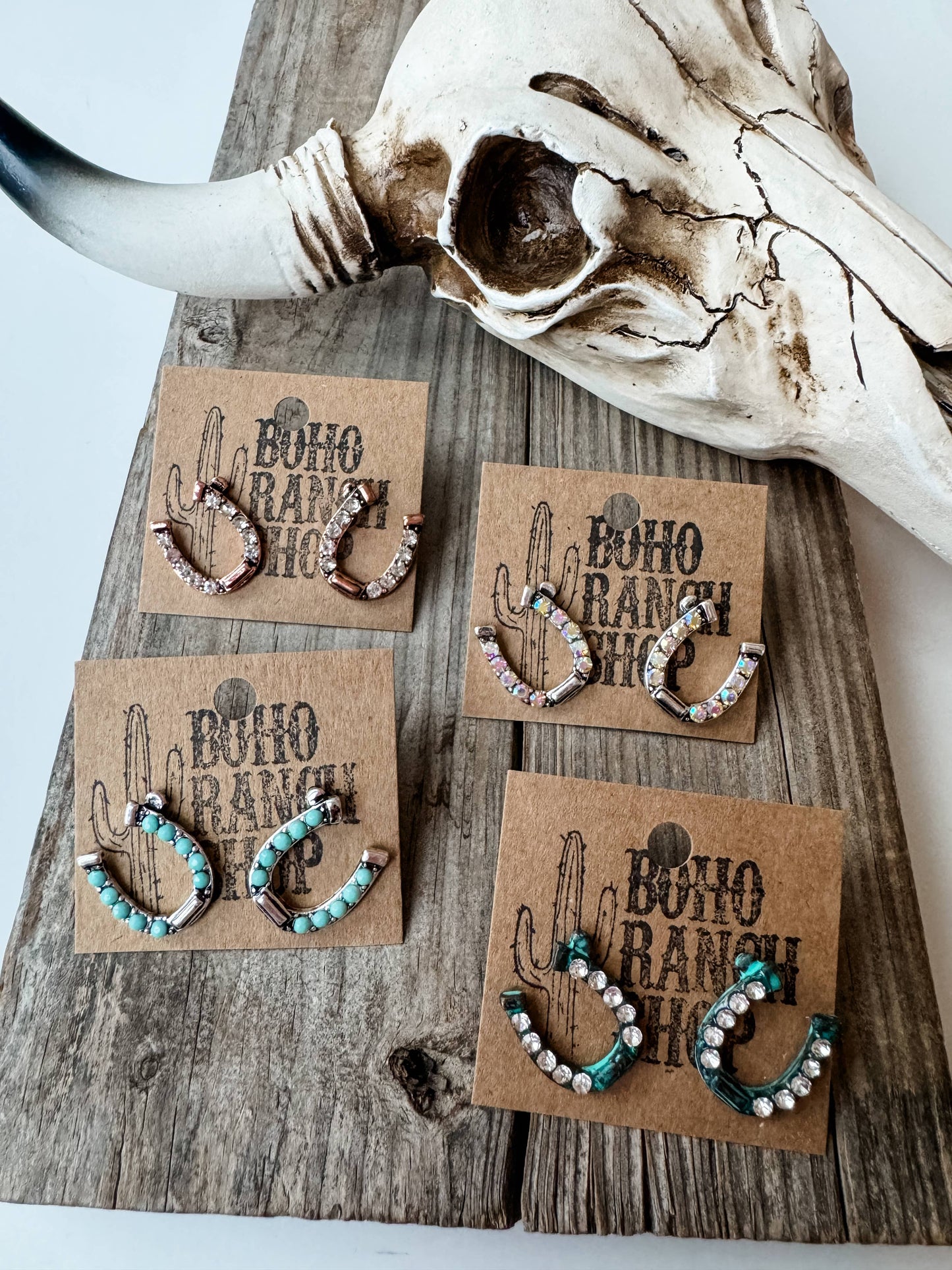 Copper Rhinestone Horseshoe Stud Earrings