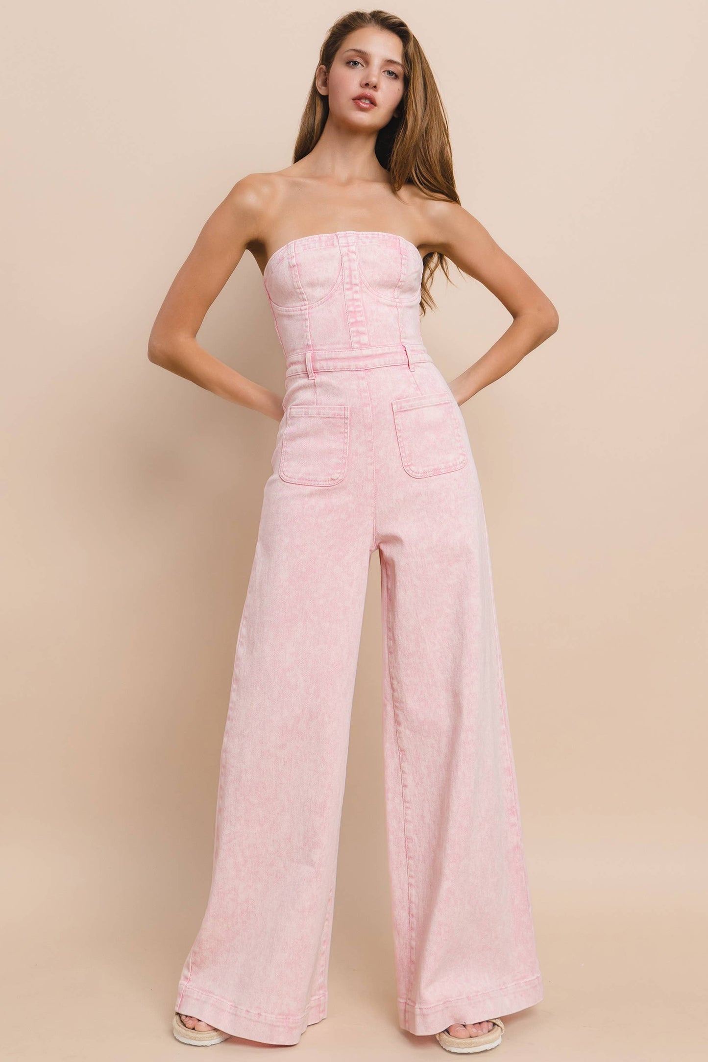 Blush Breeze Strapless Boho Denim Jumpsuit