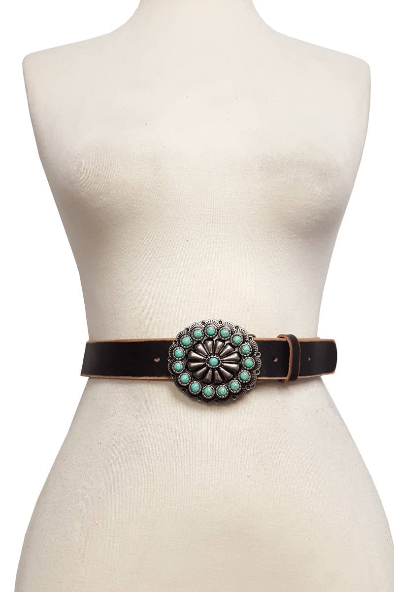 Western Bloom Stone Buckle Genuine Leather Belt