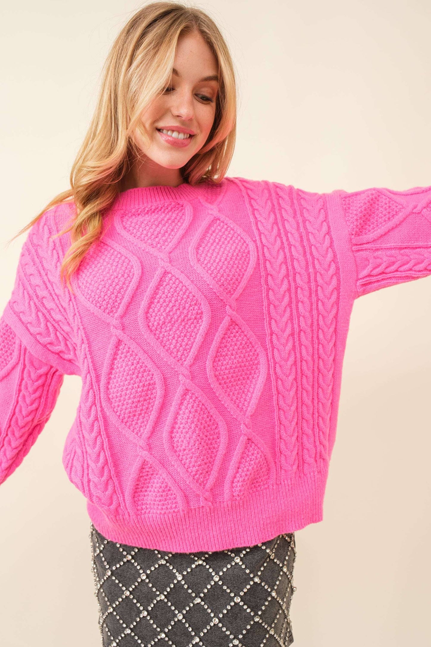 Pink Cable Crochet Oversize Sweater