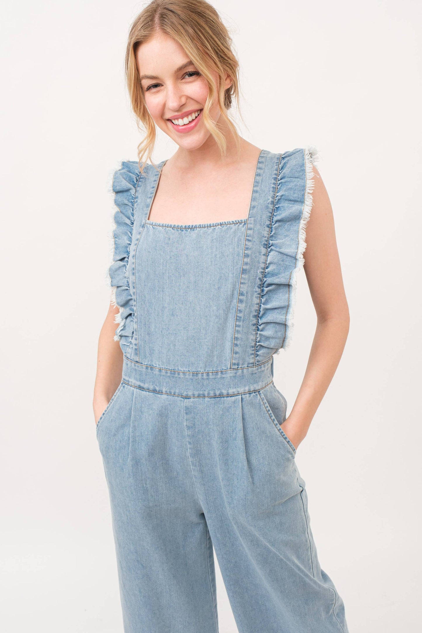 Frayed Ruffled Smocked Back Denim Jumpsuit