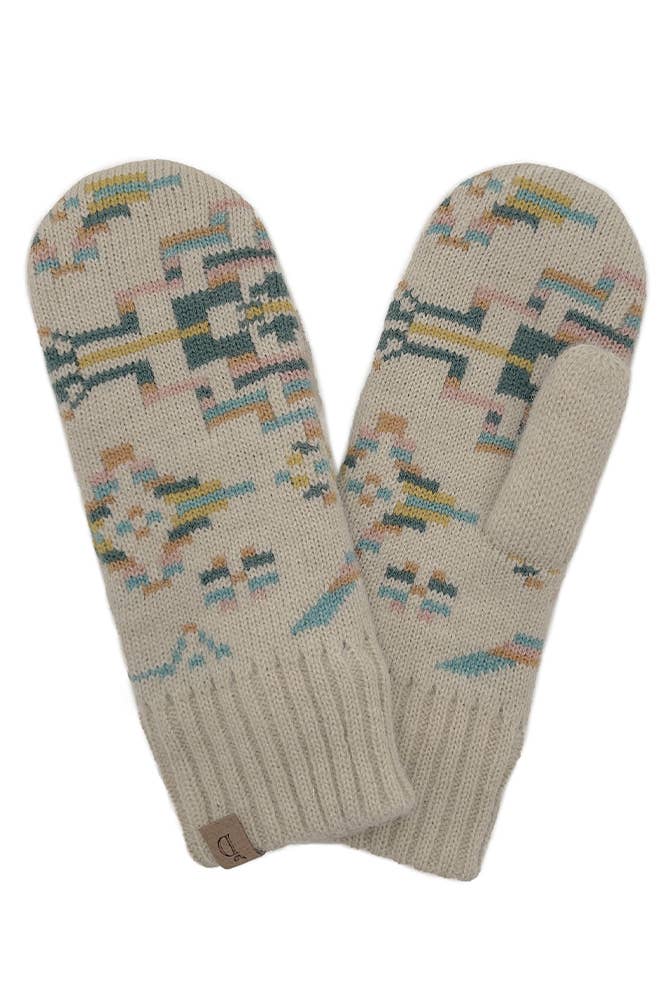 Aztec Knit Mittens with Ribbed Cuff
