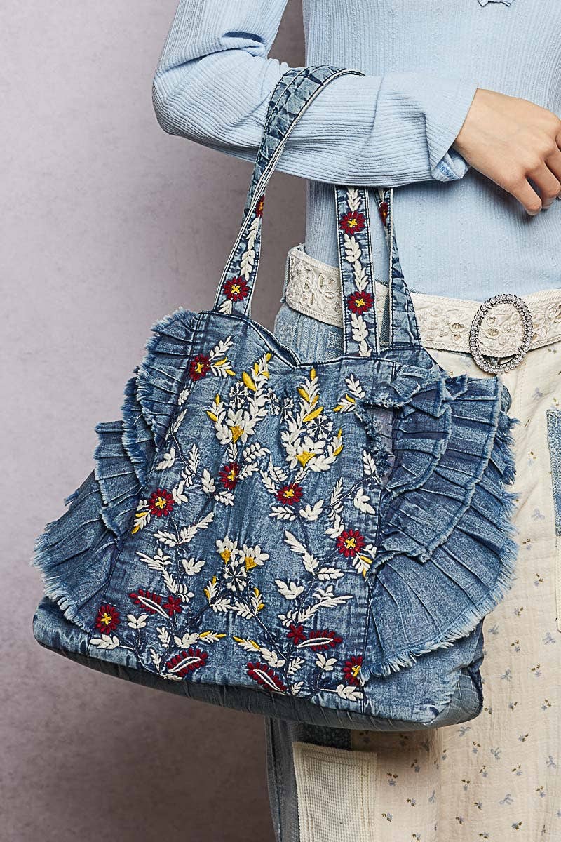 Vintage Wash Embroidered Ruffle Denim Tote
