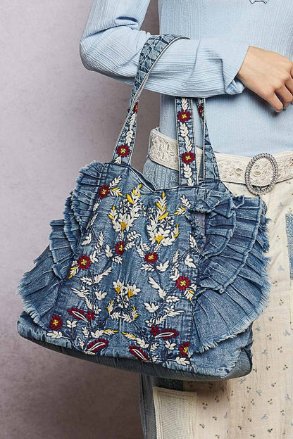 Vintage Wash Embroidered Ruffle Denim Tote