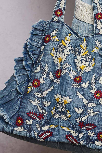 Vintage Wash Embroidered Ruffle Denim Tote