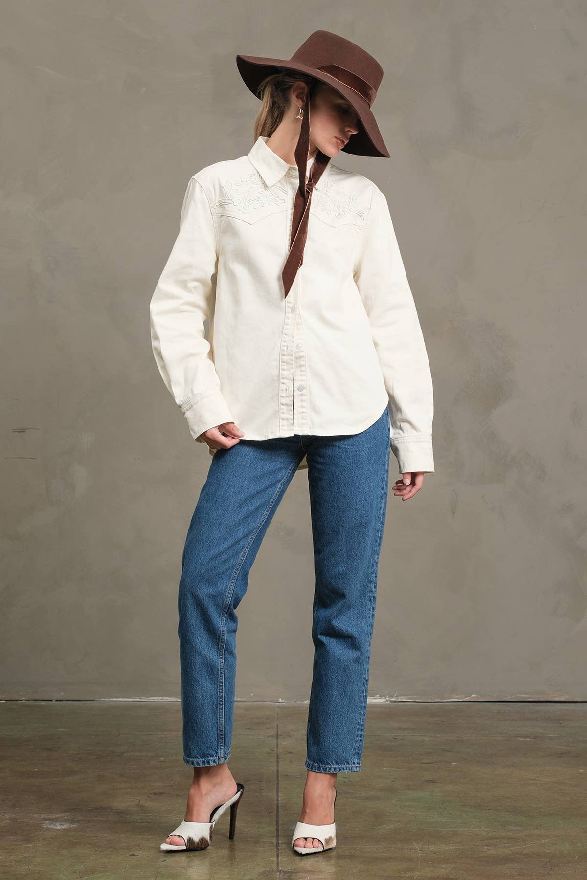 Ivory Embroidered Snap Denim Shirt