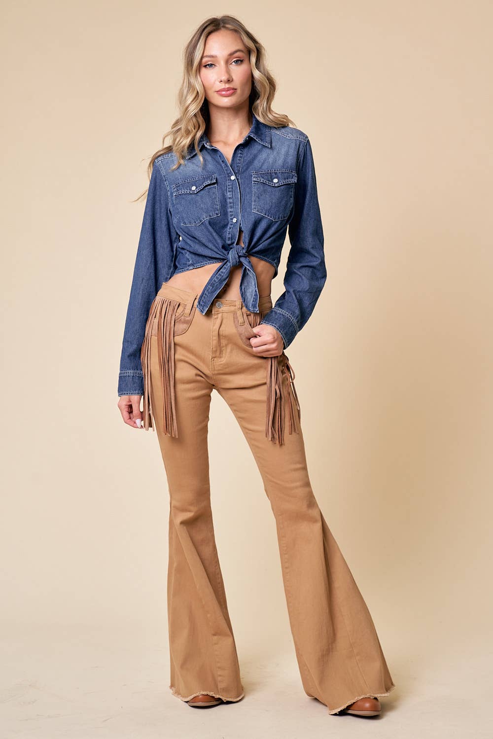 Rodeo Bound Light Wash Tie-Front Denim Shirt
