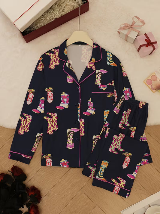 Midnight Rodeo Satin Boot Print Pajama Set