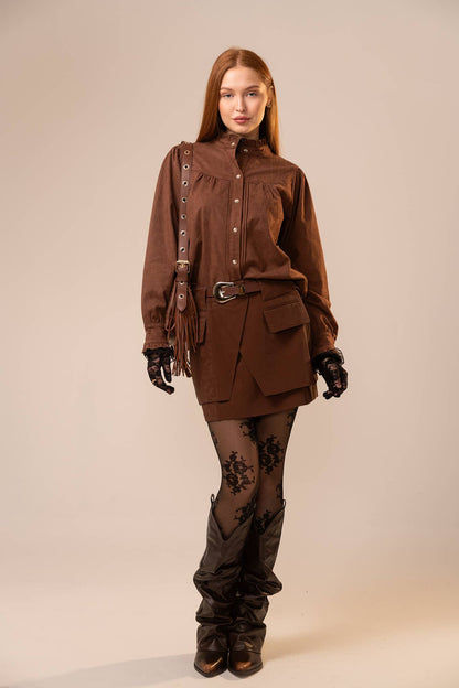 Suede Ruffle Snap Western Blouse