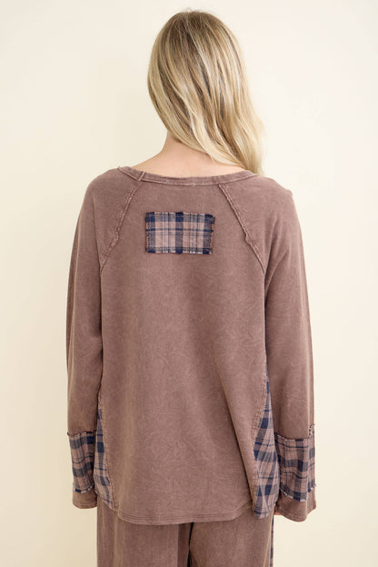 Distressed Star Patch Plaid Top