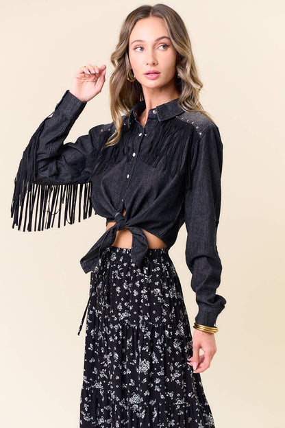 Midnight Outlaw Studded Fringe Denim Tie-Front Shirt