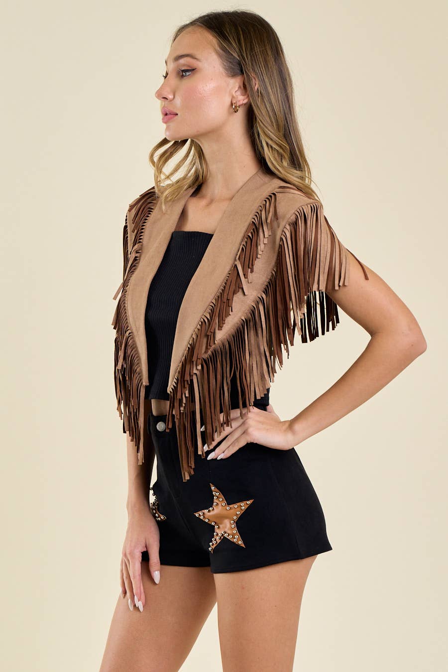 Desert Drift Tan Fringe Suede Collar Shrug