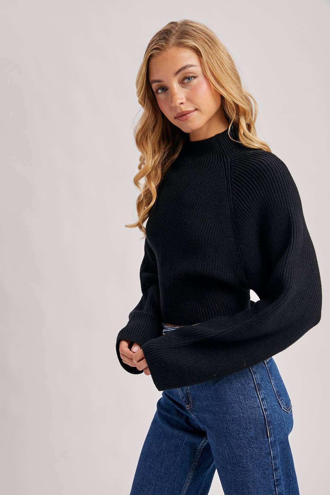 Mock Neck Open Back Bow Sweater