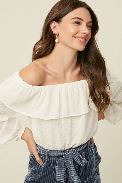 Prairie Moon Swiss Dot Off-Shoulder Blouse – Cream