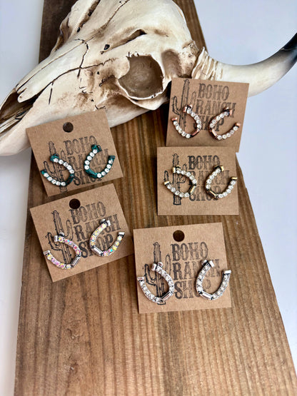 Copper Rhinestone Horseshoe Stud Earrings