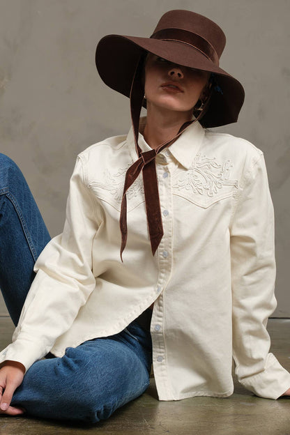 Ivory Embroidered Snap Denim Shirt