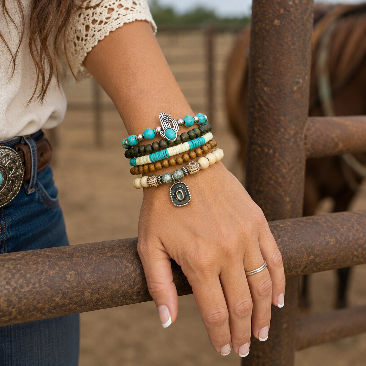 Desert Bloom Turquoise Cactus Bracelet Stack featuring silver-tone beaded stretch bracelets with turquoise stones and western cactus charms for a boho cowgirl look.
