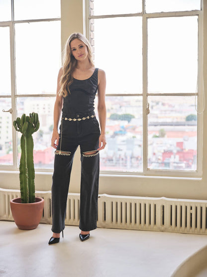 Cut Out Front Rhinestone Jeans