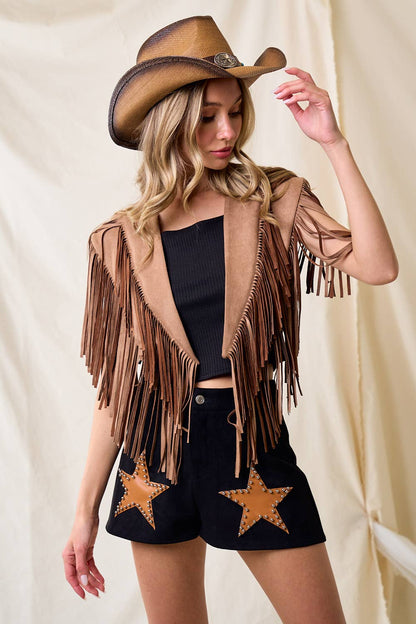 Desert Drift Tan Fringe Suede Collar Shrug