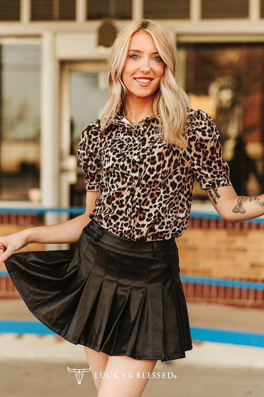 Leopard Studded Puff Sleeve Western Shirt