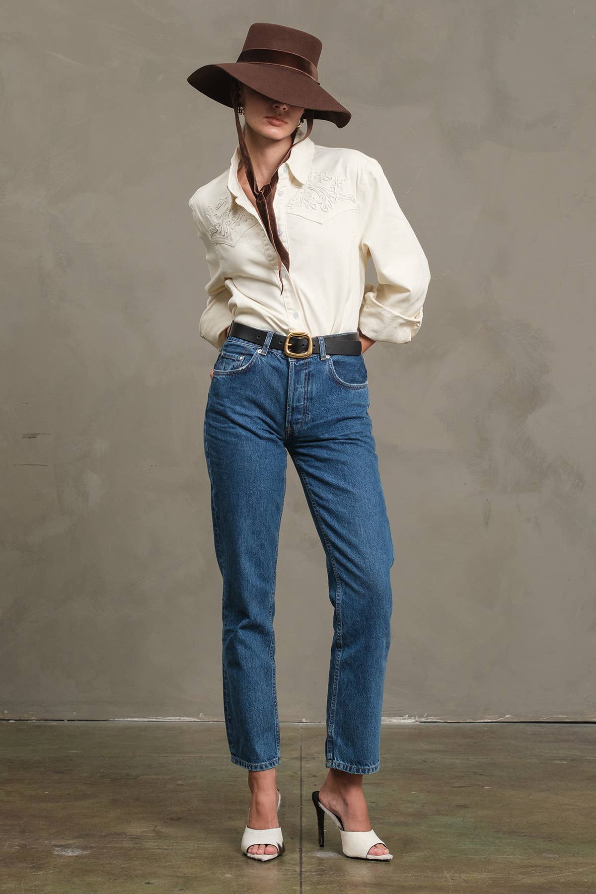 Ivory Embroidered Snap Denim Shirt