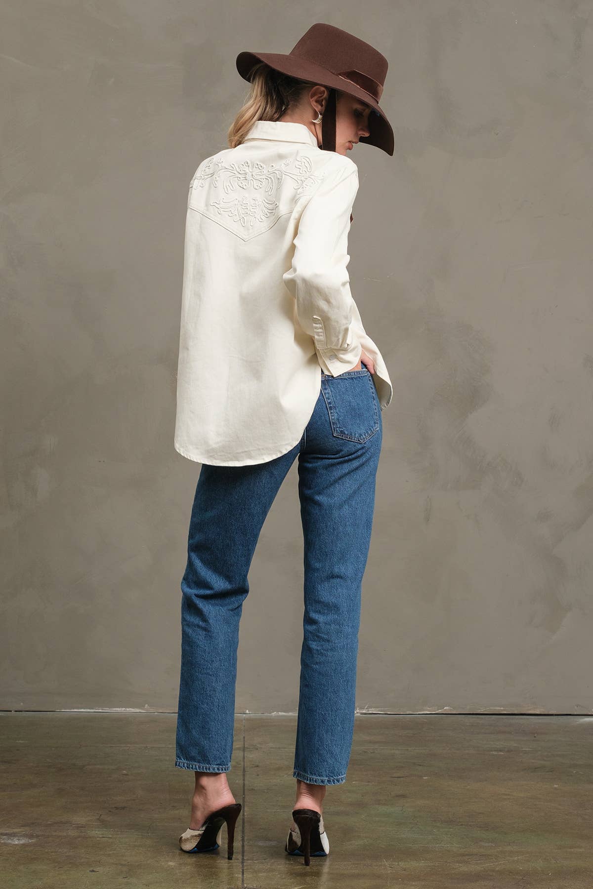 Ivory Embroidered Snap Denim Shirt