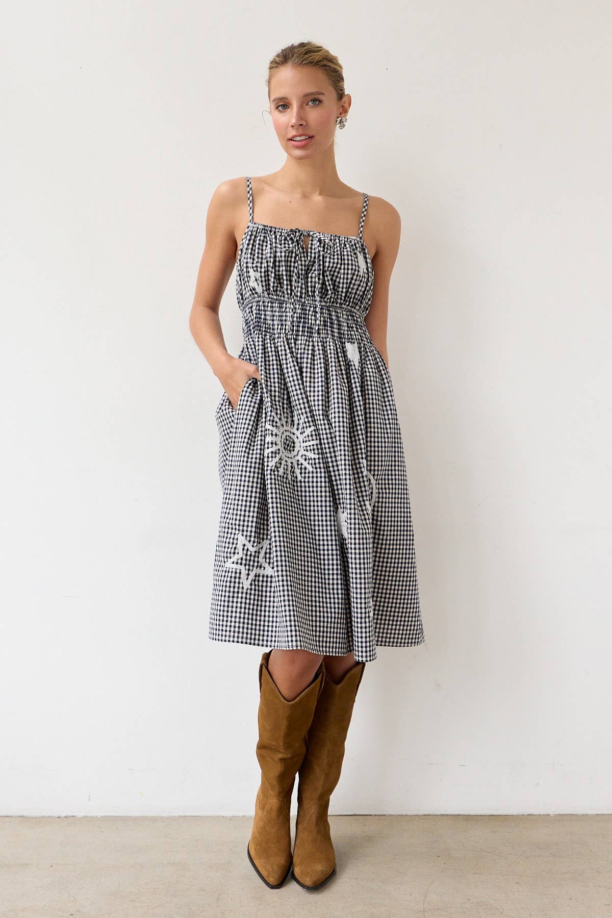 Gingham Embroidered Midi Dress
