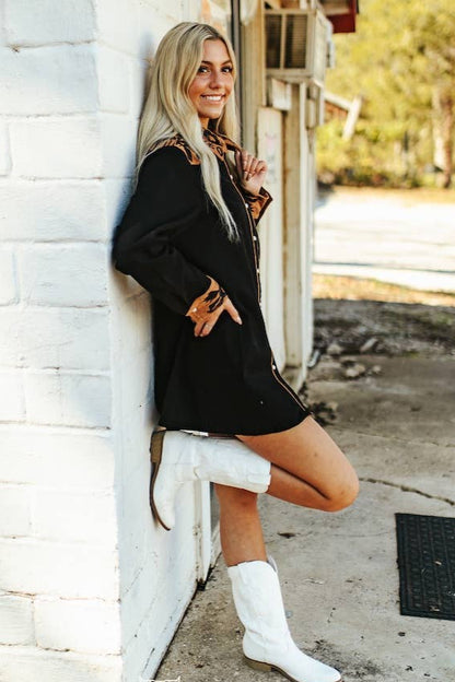 Black Denim Western Suede Pearl Snap Dress with Camel Cuff Yokes