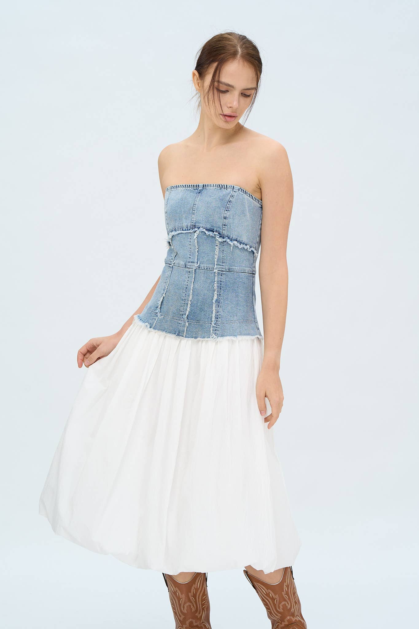 DENIM CORSET SOLID SKIRT MIDI DRESS