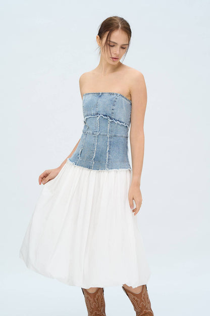 DENIM CORSET SOLID SKIRT MIDI DRESS