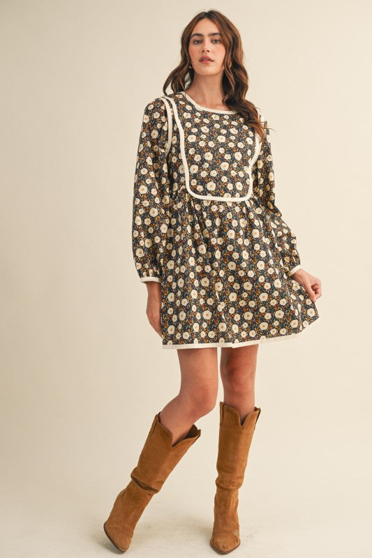 Quilted Floral Contrast Binding Mini Dress